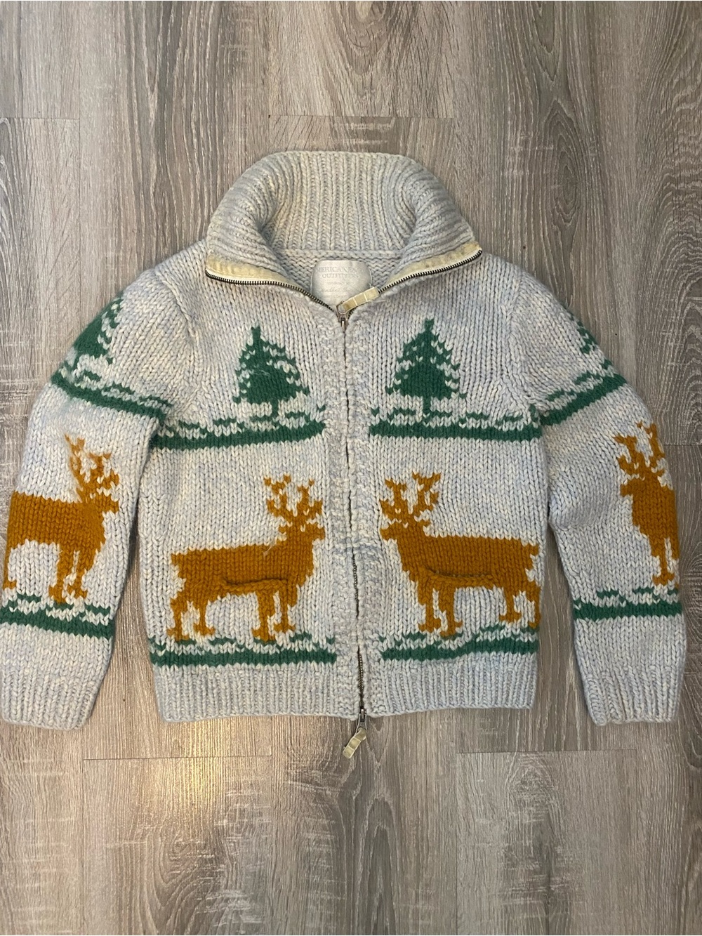 Kids American Eagle Outfitters Zip-Front Reindeer Knit Sweater - Gray/Green/Gold